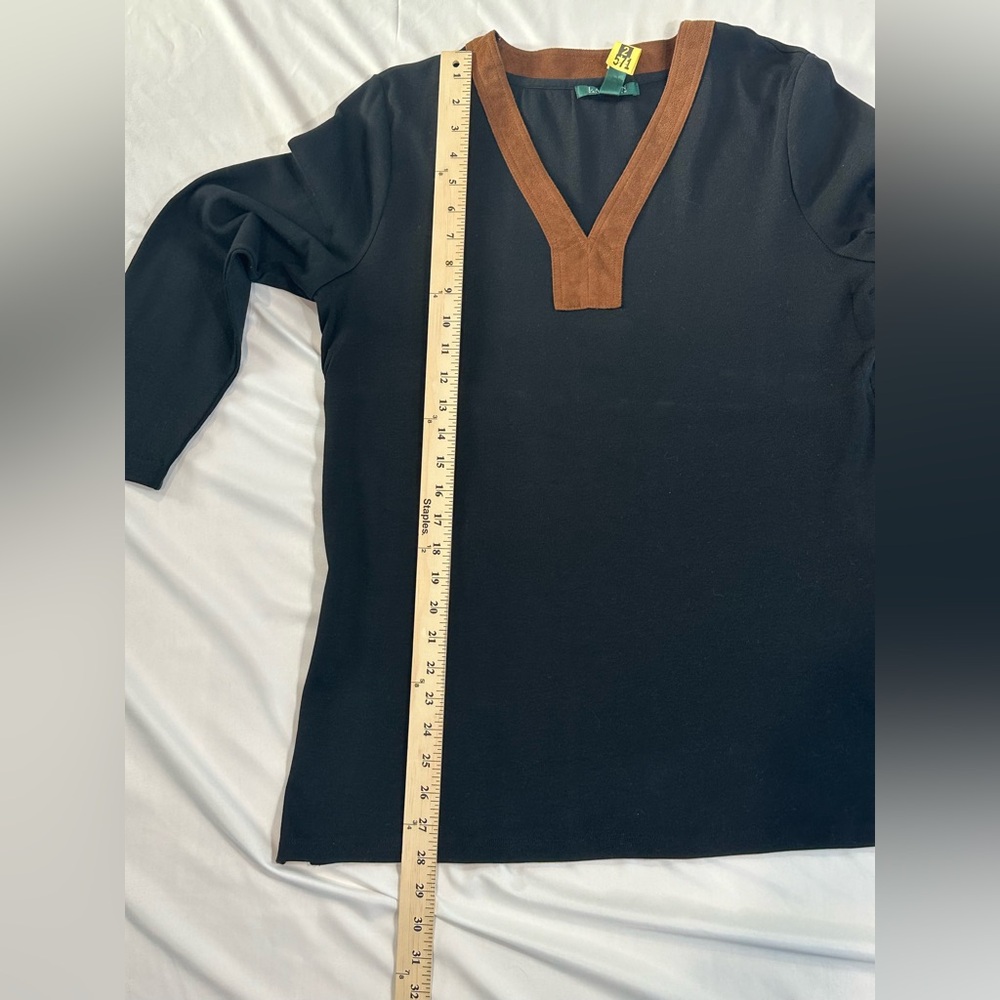 Ralph Lauren Black Long Sleeve Top w/ Brown Trim- XL- Cotton - Picture 5 of 11